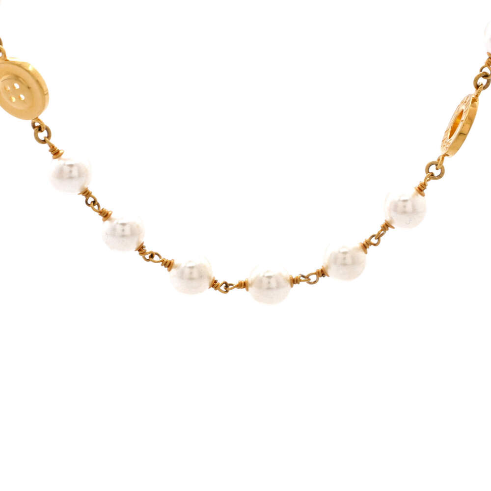 Chanel Paris Button Long Station Necklace Faux Pearls with Metal